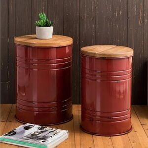 Red Metal Drum Side Tables with Wooden Tops
